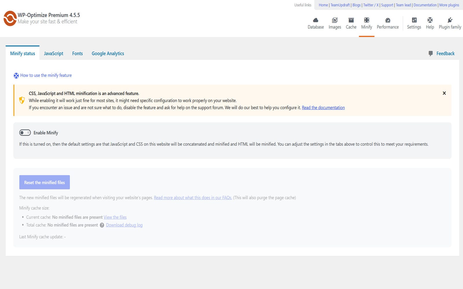 Plugin WP Optimize Premium Reiter Minify status mit dem Schalter zur Aktivierung der Minifizierung und Statusinformationen zu minifizierten CSS-, JS- und HTML-Dateien