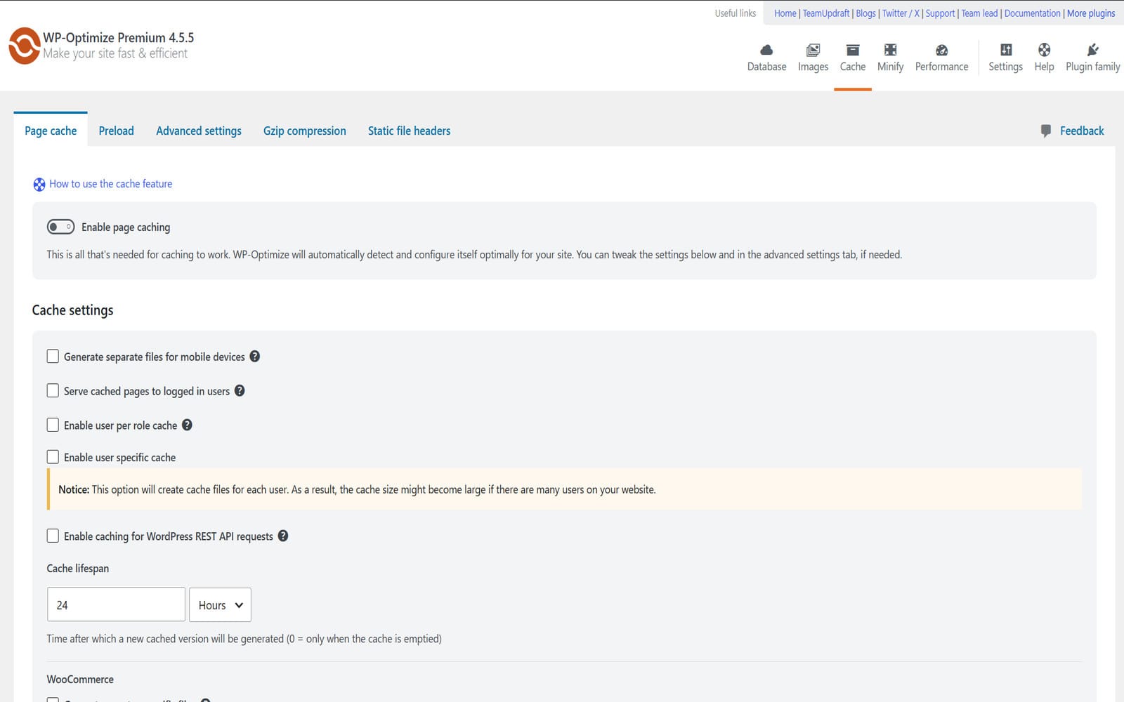 Plugin WP Optimize Premium Reiter Page cache mit dem Schalter zur Aktivierung des Cachings und Cache-Einstellungen für mobile Geräte, Benutzerrollen und WooCommerce