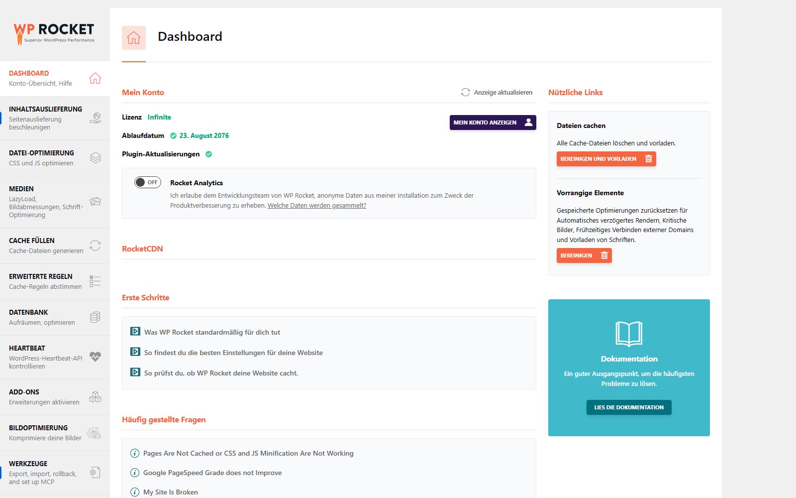 Plugin WP Rocket Hauptbildschirm des WP-Rocket-Panels nach der Aktivierung des Plugins