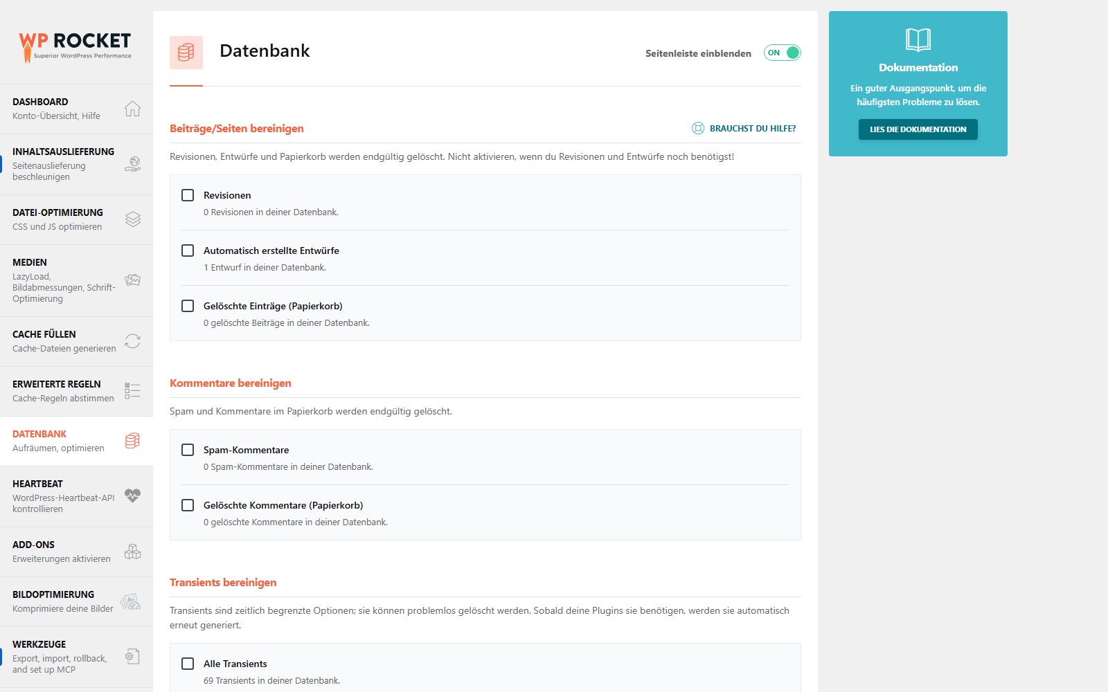 Plugin WP Rocket Reiter Datenbank mit Optionen zum Bereinigen von Revisionen, Kommentaren und Transients