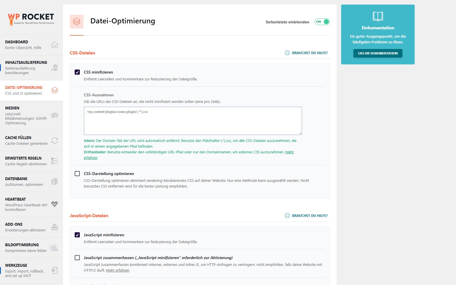 Plugin WP Rocket Reiter Datei-Optimierung mit Optionen zur Minifizierung von CSS und JavaScript sowie zur Optimierung der CSS-Darstellung