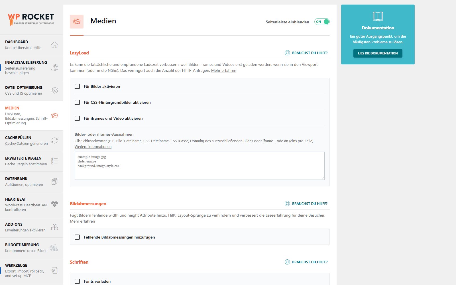 Plugin WP Rocket Reiter Medien mit Einstellungen für Lazy Load von Bildern, Videos und iFrames
