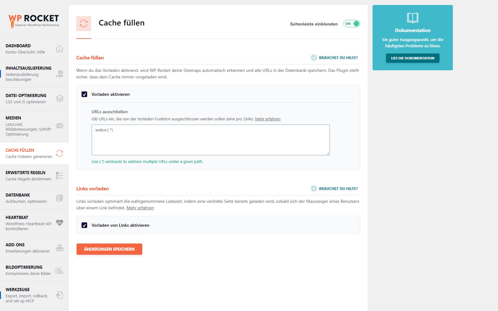 Plugin WP Rocket Reiter Cache füllen mit Einstellungen für das Vorladen des Caches und den Mechanismus Links vorladen