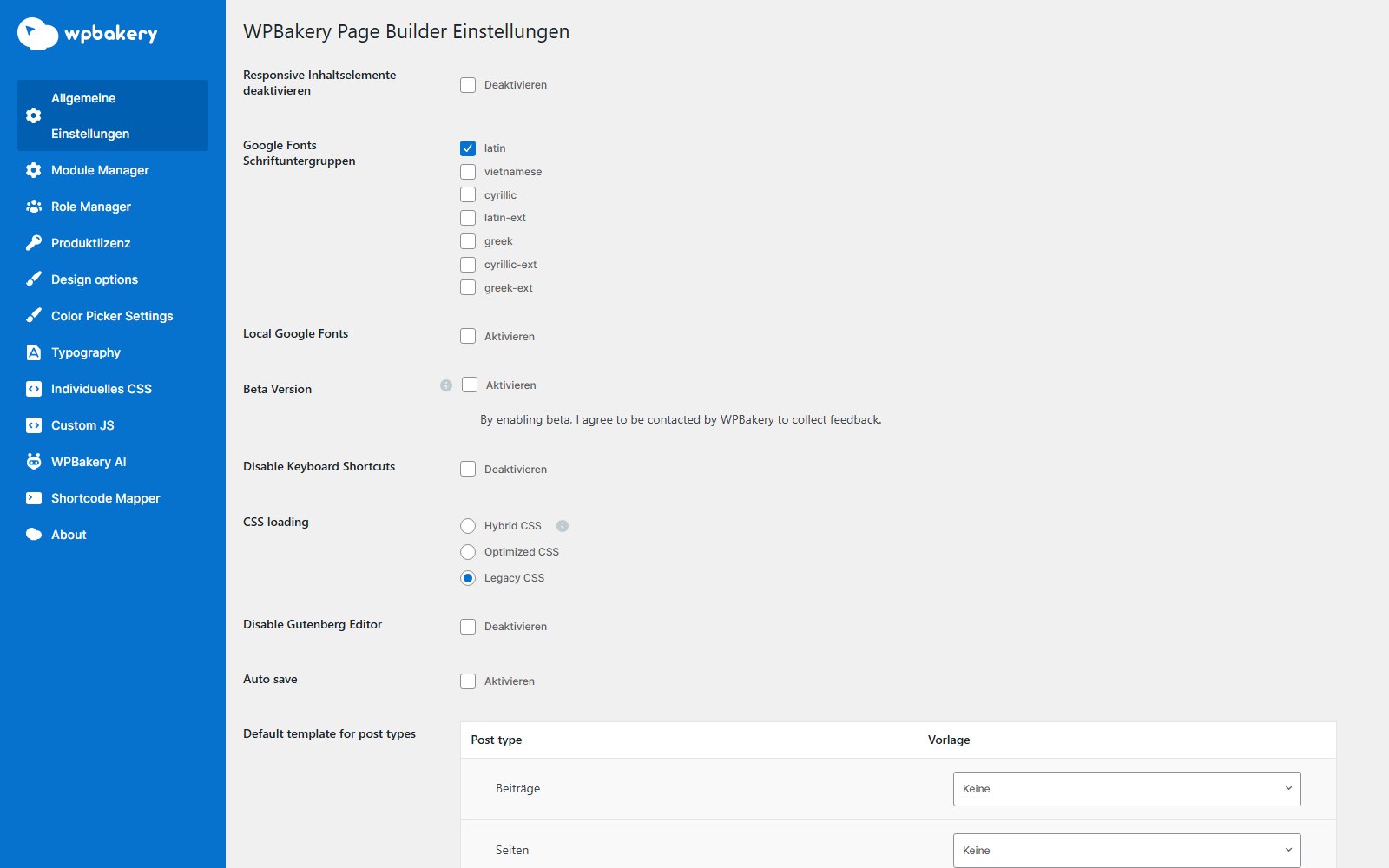 Plugin WPBakery WPBakery Page Builder (Visual Composer) Allgemeine Einstellungen von WPBakery Page Builder mit den Tabs Module Manager, Role Manager, WPBakery AI und Shortcode Mapper