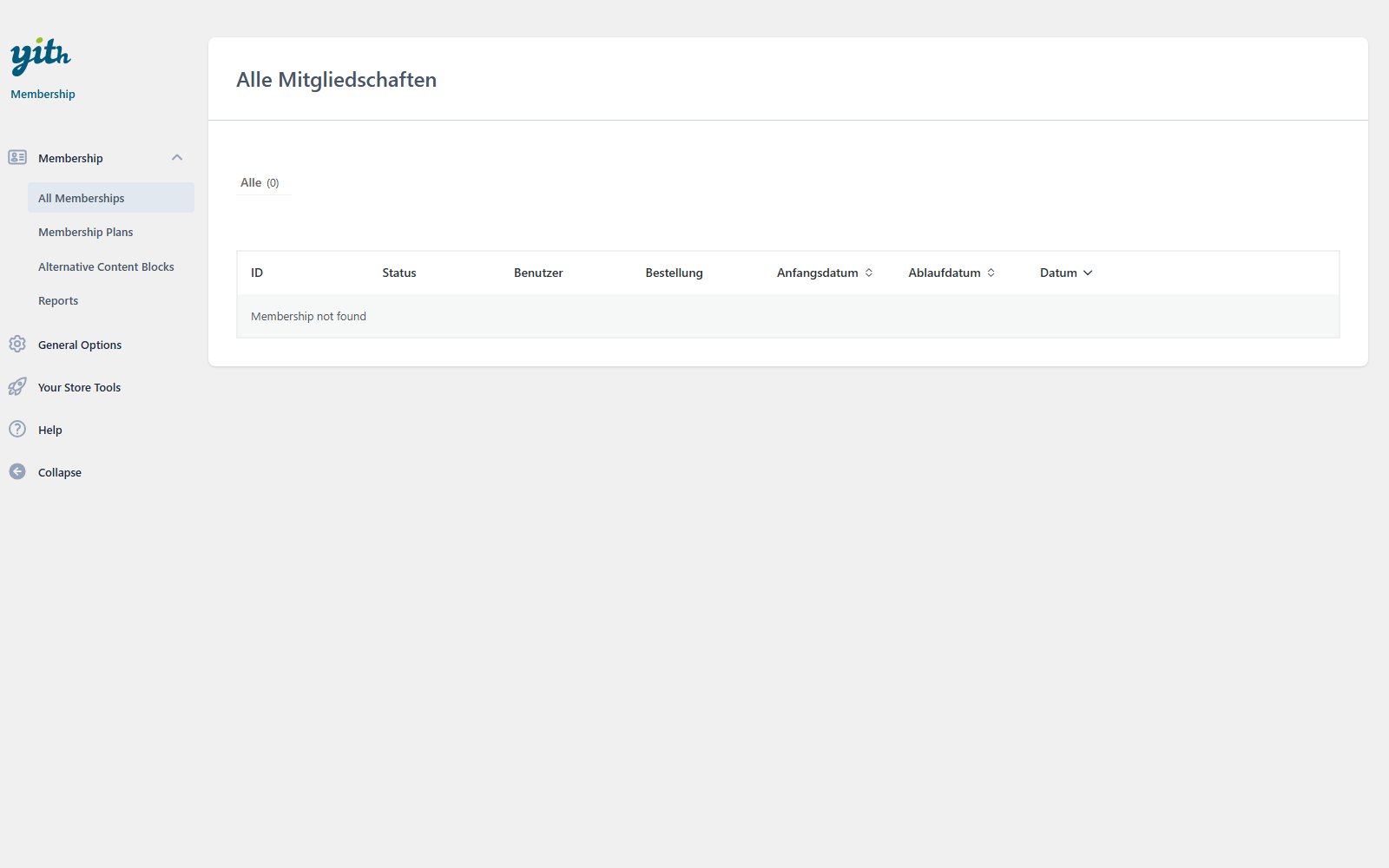 Plugin YITH WooCommerce Membership All-Memberships-Panel des Plugins YITH WooCommerce Membership mit Navigationsmenü und Liste der Verwaltungsbereiche