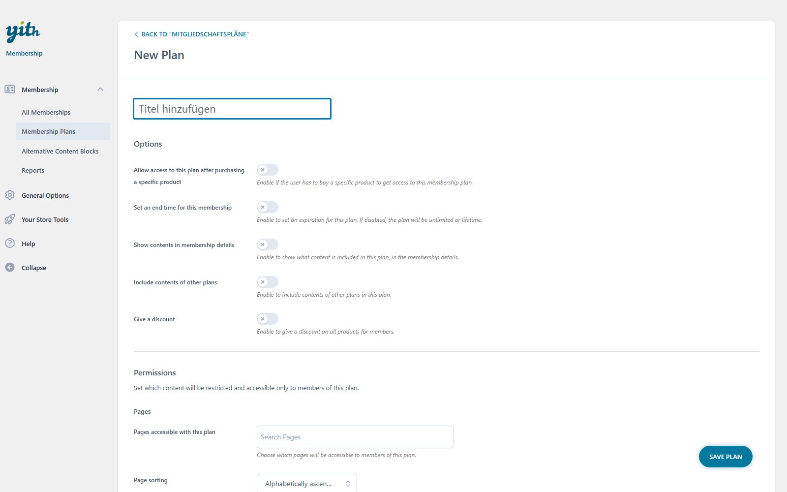 Plugin YITH WooCommerce Membership Formular zum Erstellen eines neuen Mitgliedschaftsplans mit Optionen für Zugriff, Ablaufdatum, Rabatte und dem Bereich Permissions