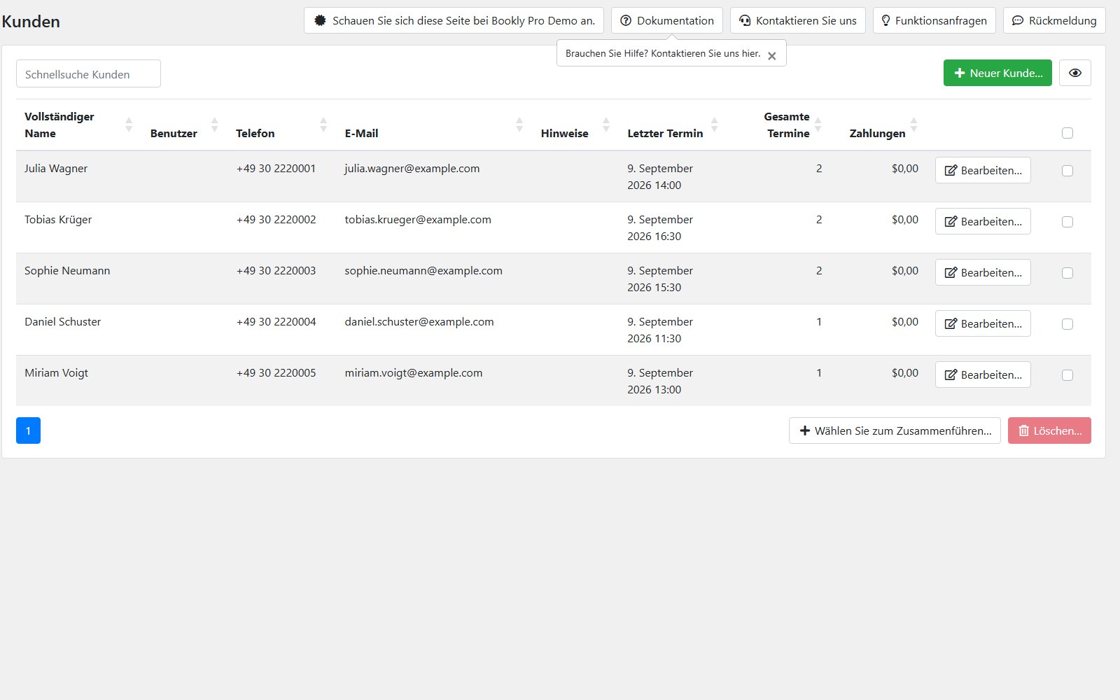 Plugin Bookly Pro Kundendatenbank von Bookly Pro mit Buchungsverlauf, Kontaktdaten und Zahlungsstatistik.
