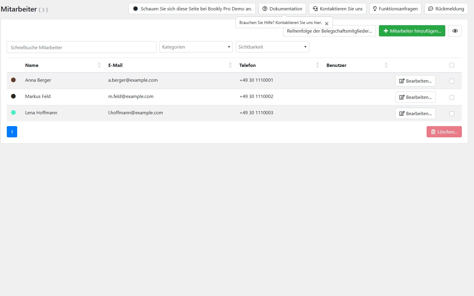 Plugin Bookly Pro Mitarbeiterliste von Bookly Pro mit der Möglichkeit, Personal hinzuzufügen, die Reihenfolge festzulegen und die Sichtbarkeit zu filtern.