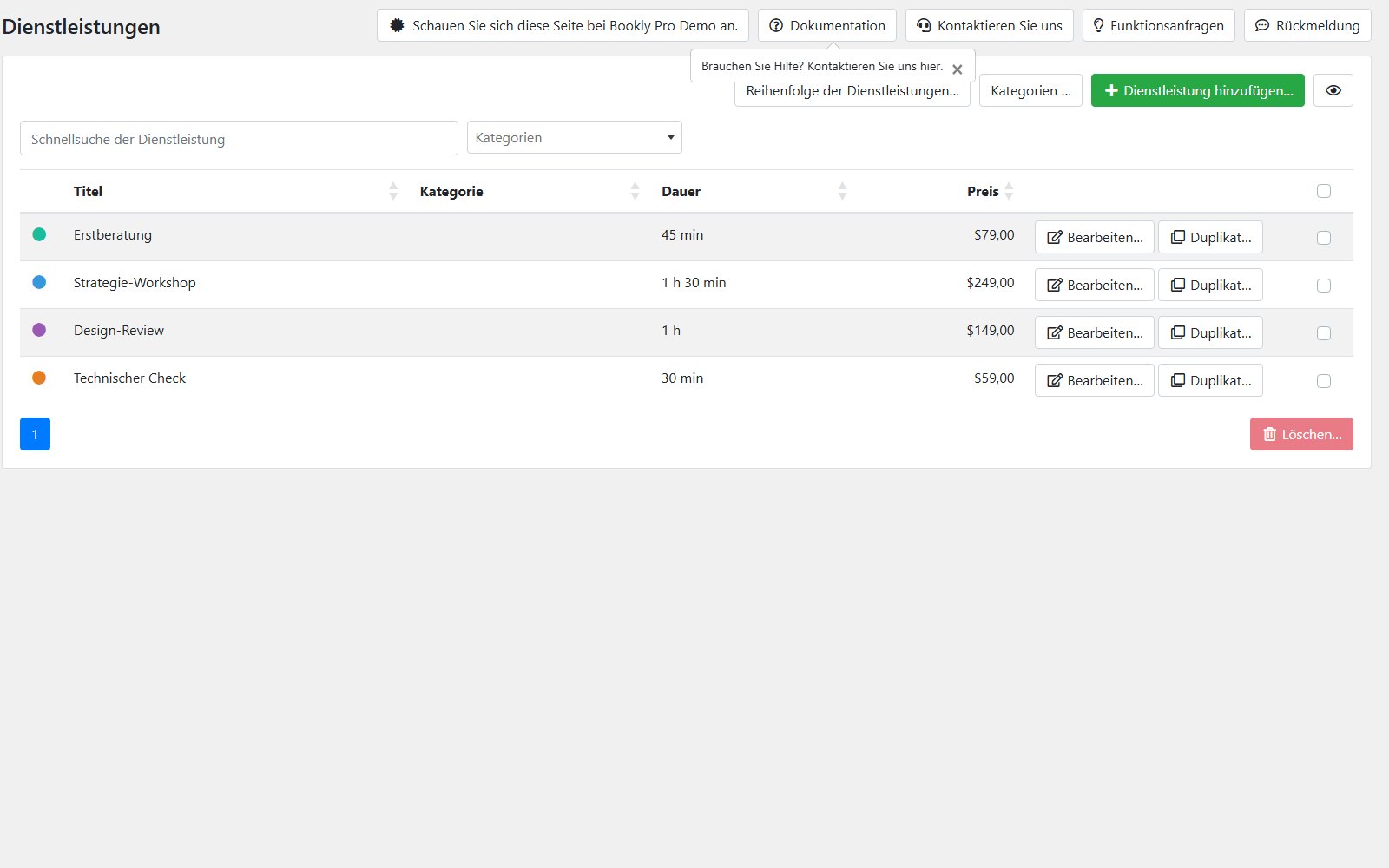 Plugin Bookly Pro Dienstleistungsliste von Bookly Pro mit Dauer, Preis sowie Optionen zum Bearbeiten und Duplizieren der Dienstleistung.