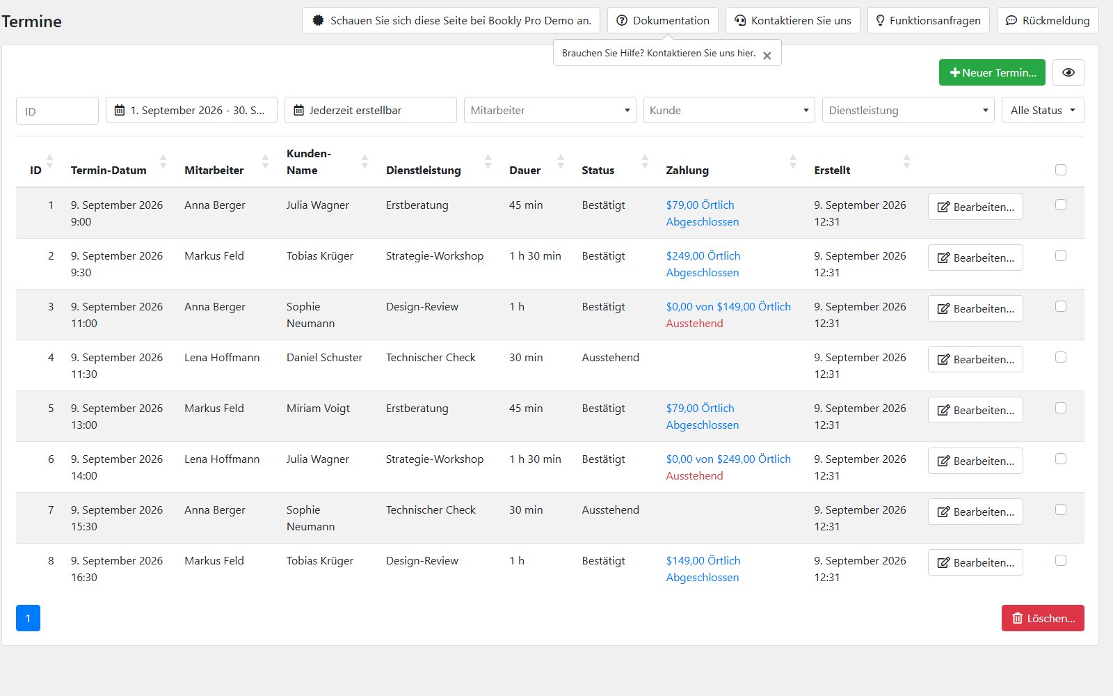 Plugin Bookly Pro Terminliste von Bookly Pro mit Filtern nach Datum, Mitarbeiter, Kunde und Dienstleistung sowie Spalten für Status und Zahlung.