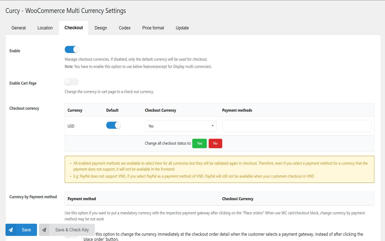 Plugin CURCY - WooCommerce Multi Currency - Currency Switcher Tab Checkout in CURCY mit der Tabelle Checkout Currency und dem Bereich Currency by Payment Method für die gewählte Währung.