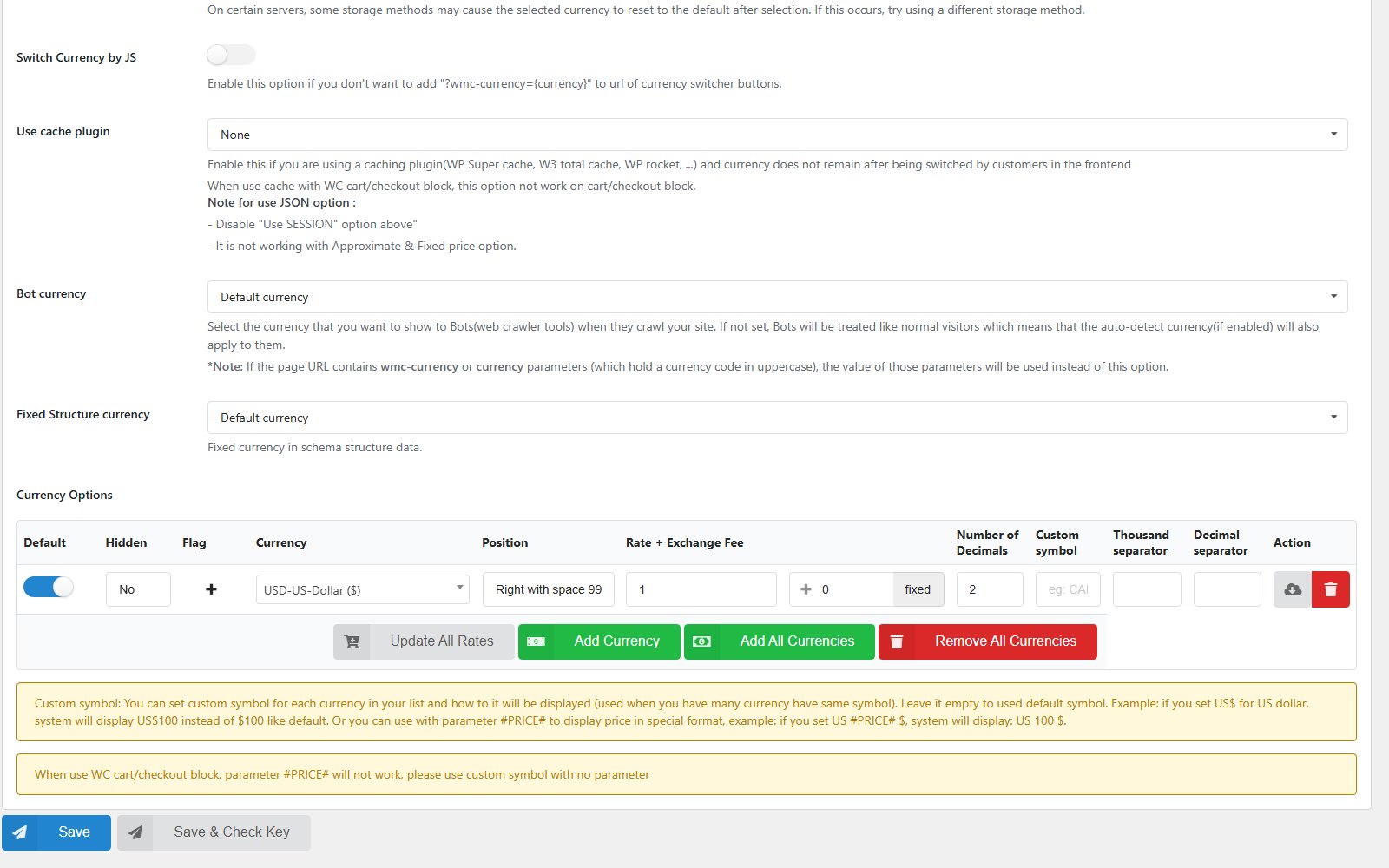 Plugin CURCY - WooCommerce Multi Currency - Currency Switcher Einstellungsbereich von CURCY mit der Tabelle Currency Options: Position, Kurs, Wechselgebühr und Anzahl der Dezimalstellen für die Währung USD.