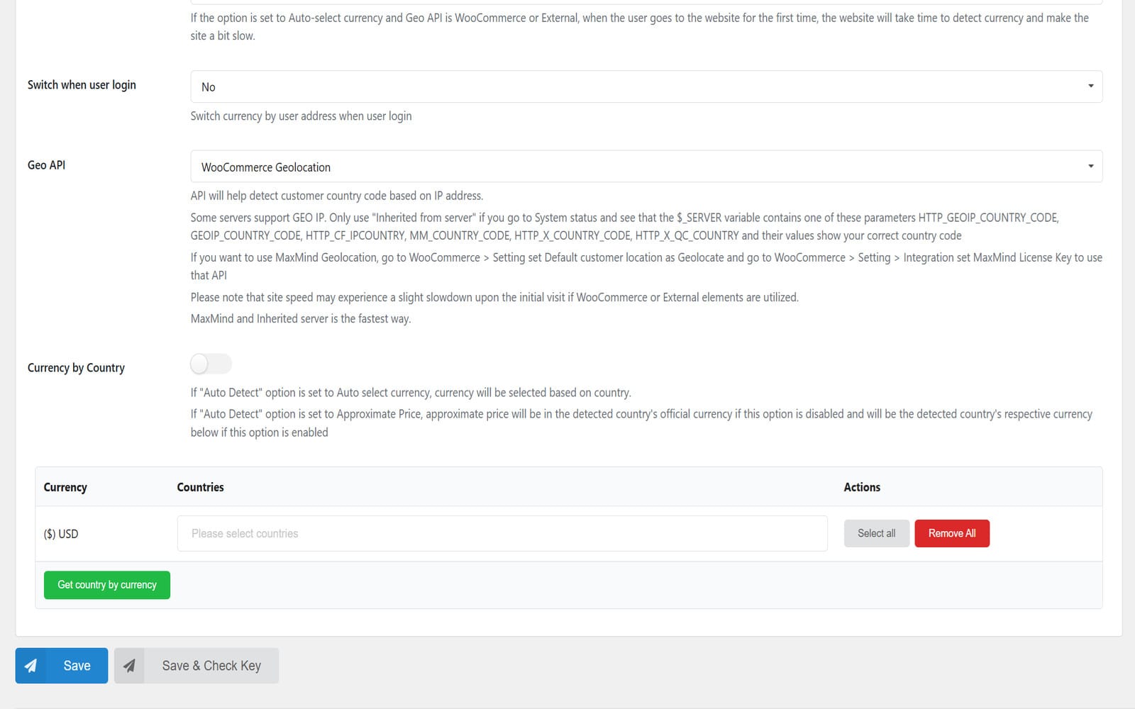 Plugin CURCY - WooCommerce Multi Currency - Currency Switcher Einstellungsbereich von CURCY mit der Auswahl der Geo-API und der Tabelle Currency by Country zur Zuordnung der Währung USD zu ausgewählten Ländern.