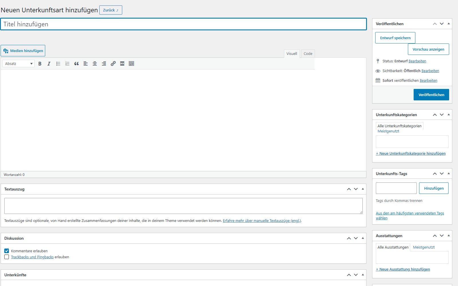 Plugin MotoPress Hotel Booking WordPress Plugin Formular zum Hinzufügen eines neuen Zimmertyps in WordPress mit Titelfeld, Inhaltseditor, Kurzbeschreibung sowie einem Panel für Kategorien und Tags der Objekte.