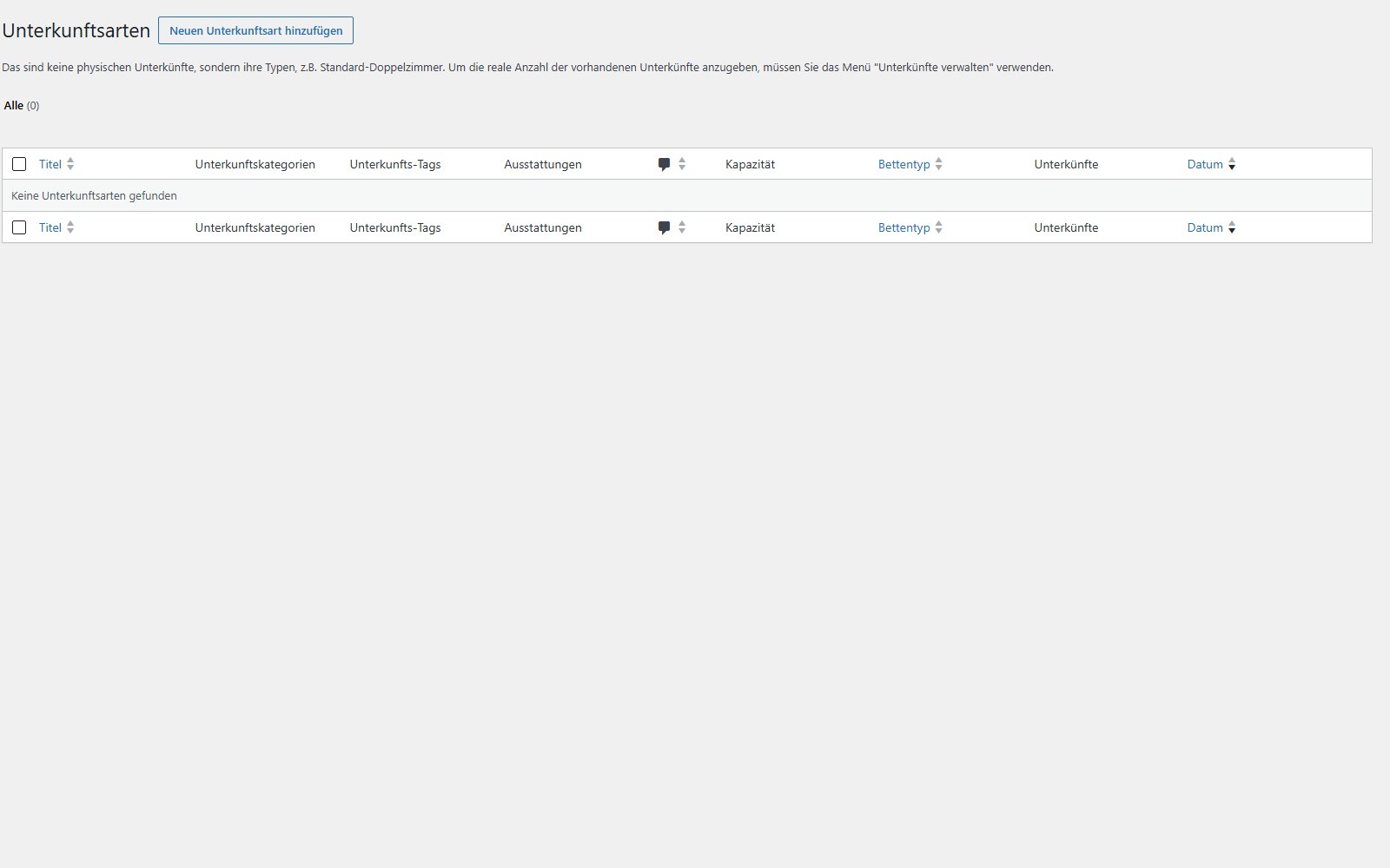 Plugin MotoPress Hotel Booking WordPress Plugin WordPress-Panel mit einer Liste der Zimmertypen, Spalten für Ausstattung, Kapazität und Bettentyp sowie einer Schaltfläche zum Hinzufügen eines neuen Unterkunftstyps.