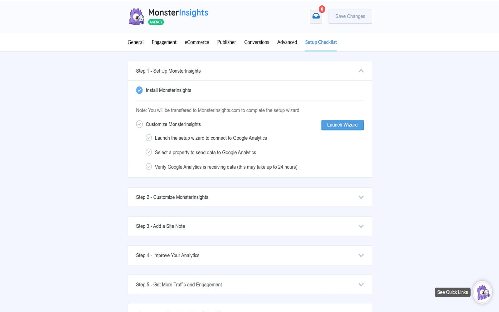 Plugin Monsterinsights Best Google Analytics Plugin For WordPress Einstellungsseite von MonsterInsights mit dem Tab Setup Checklist, dem aufgeklappten ersten Konfigurationsschritt und der Schaltfläche Launch Wizard zum Starten des Assistenten für die Verbindung mit Google Analytics