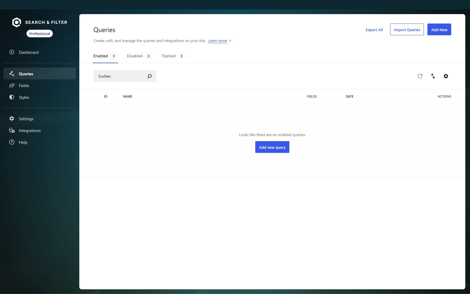 Plugin Search & Filter Pro - The Ultimate WordPress Filter Plugin Der Tab Queries im Search & Filter Pro-Panel mit leerer Abfrageliste sowie den Buttons Export All, Import Queries und Add New
