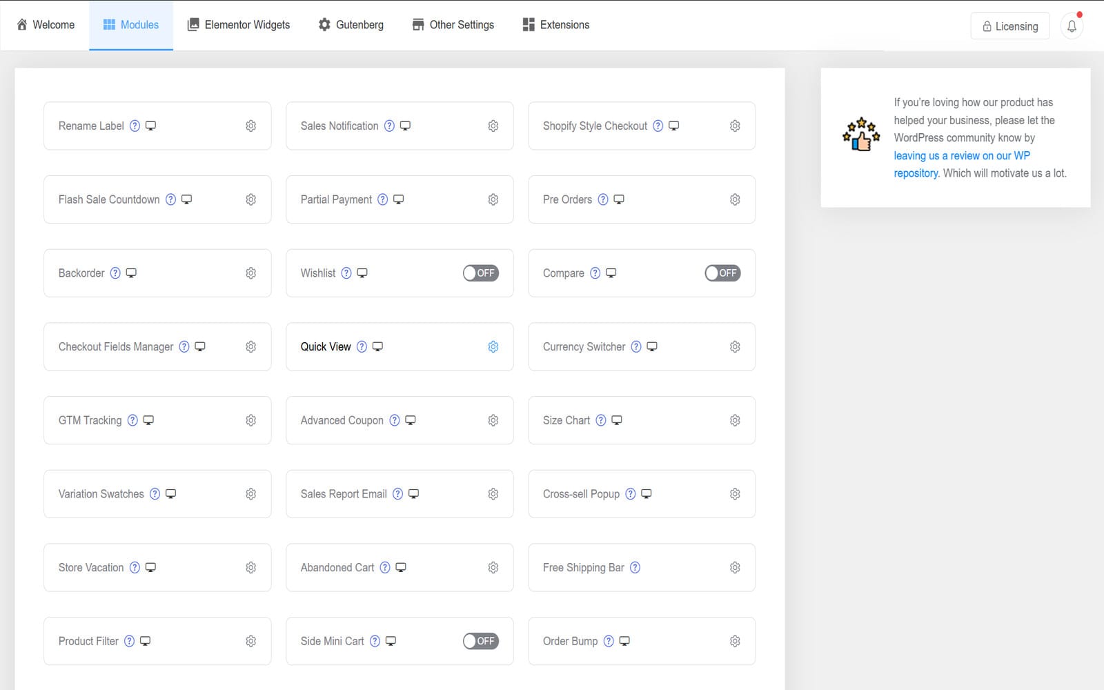 Plugin Shoplentor (Woolentor) Pro For Elementor Einstellungspanel der Module des ShopLentor-Pro-Plugins mit Schaltern für Funktionen wie Quick View, Wishlist, Compare, Checkout Fields Manager und Abandoned Cart