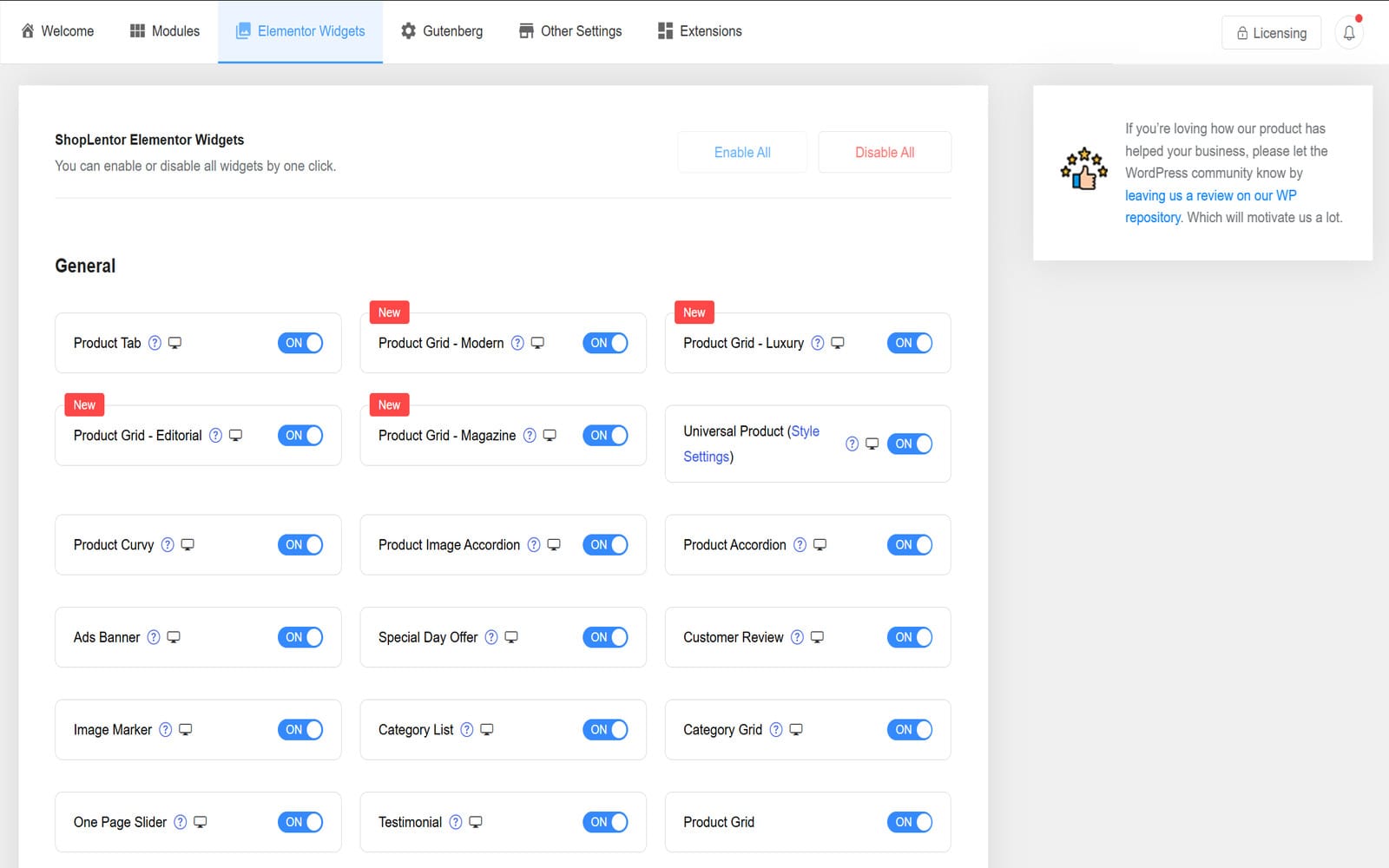 Plugin Shoplentor (Woolentor) Pro For Elementor Tab Elementor Widgets im ShopLentor-Pro-Panel mit einer Liste von Widgets, darunter Product Grid in den Varianten Modern, Luxury, Editorial und Magazine