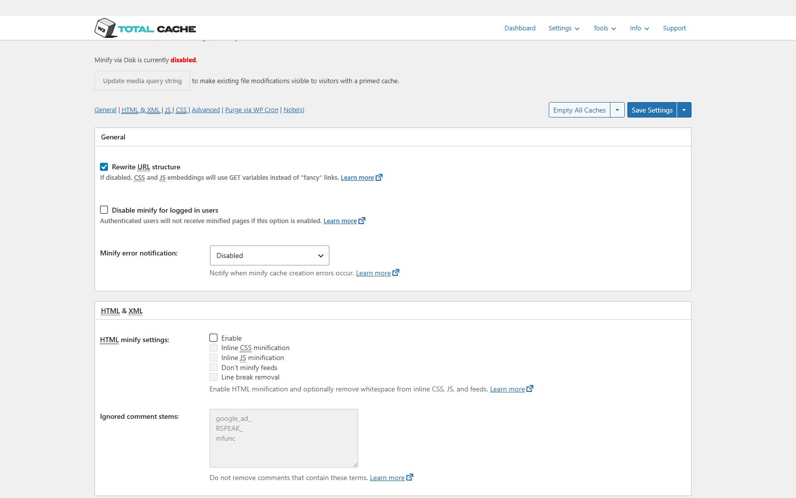 Plugin W3 Total Cache Pro Einstellungsseite Minify mit den Bereichen General sowie HTML und XML, die Optionen zur URL-Umschreibung und Code-Minifizierung zeigen