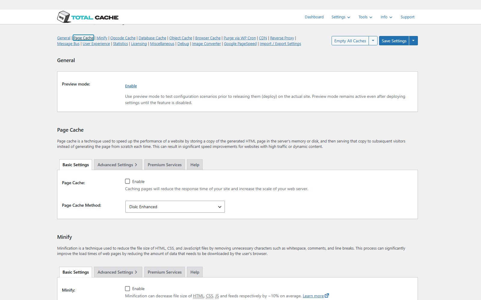 Plugin W3 Total Cache Pro Reiter Page Cache in den General Settings mit dem Feld Page Cache Method, eingestellt auf Disk: Enhanced