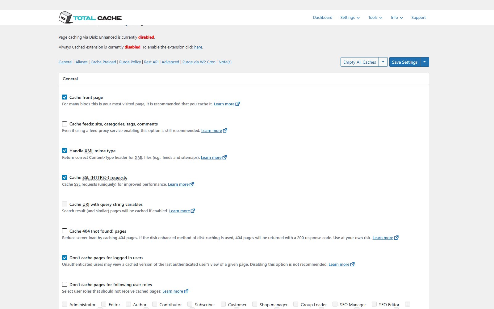 Plugin W3 Total Cache Pro Bereich General in den Page-Cache-Einstellungen mit den Optionen Cache front page, Handle XML mime type und Cache SSL (HTTPS) requests