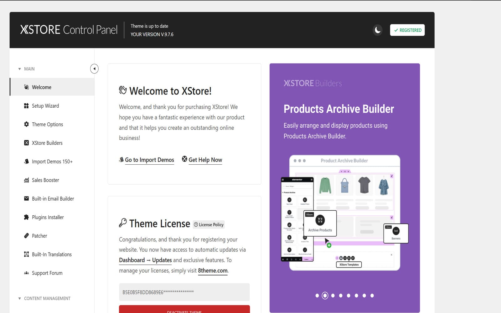 Theme XStore Multipurpose WooCommerce Theme WordPress Startbildschirm des XStore Control Panel mit der Versionsnummer des Themes, dem Lizenzregistrierungsstatus und Links zu Setup Wizard und Import Demos.