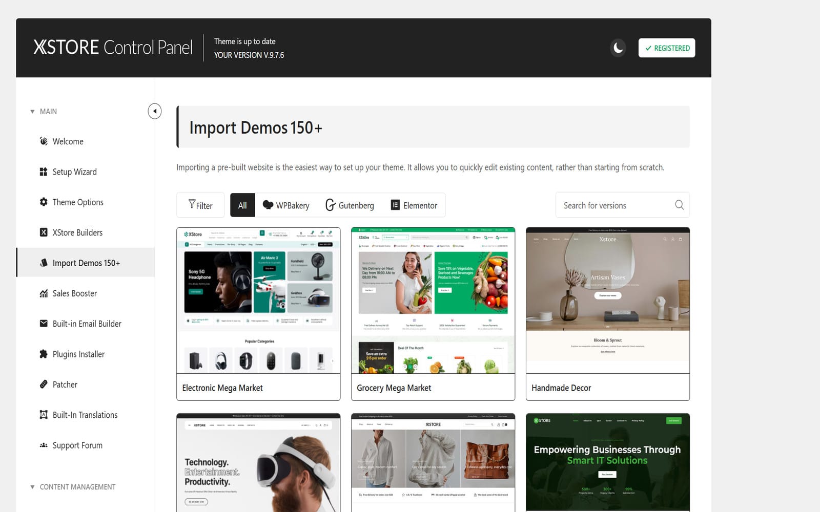 Theme XStore Multipurpose WooCommerce Theme WordPress Reiter Import Demos im XStore-Panel mit Filtern nach Builder sowie einem Raster fertiger Demos, u. a. Electronic Mega Market und Grocery Mega Market.