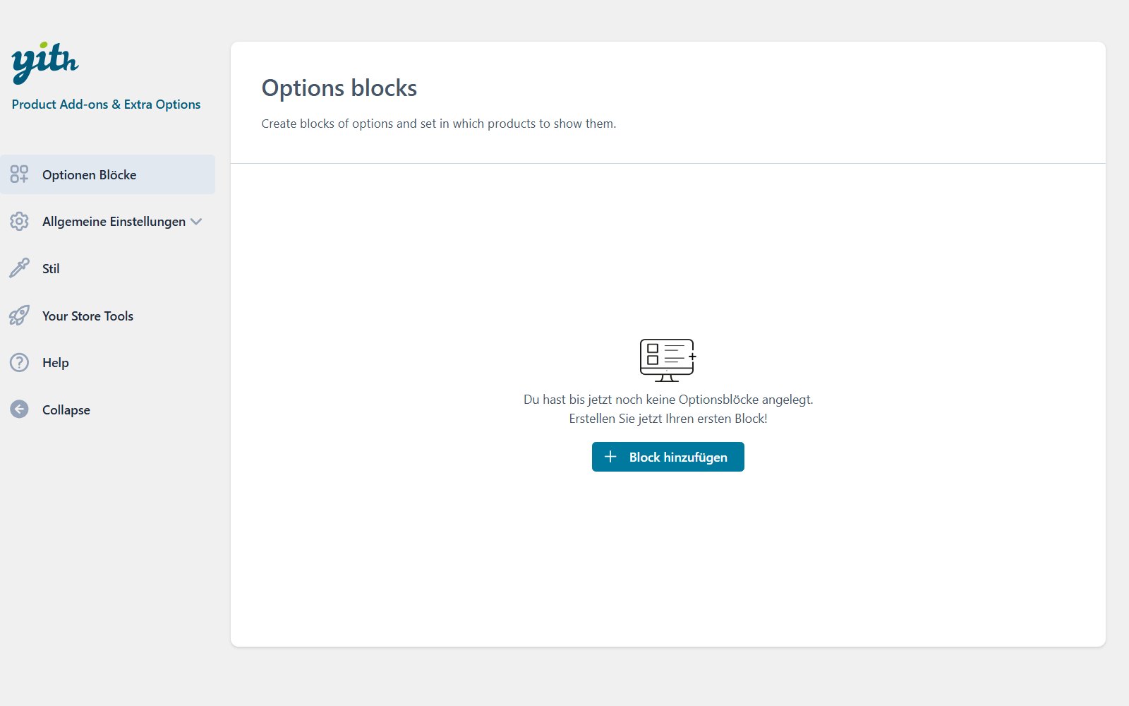Plugin YITH WooCommerce Product Add-ons & Extra Options Premium Reiter Options Blocks im Administrationsbereich von YITH Product Add-ons, im Ausgangszustand vor dem Erstellen des ersten Optionsblocks
